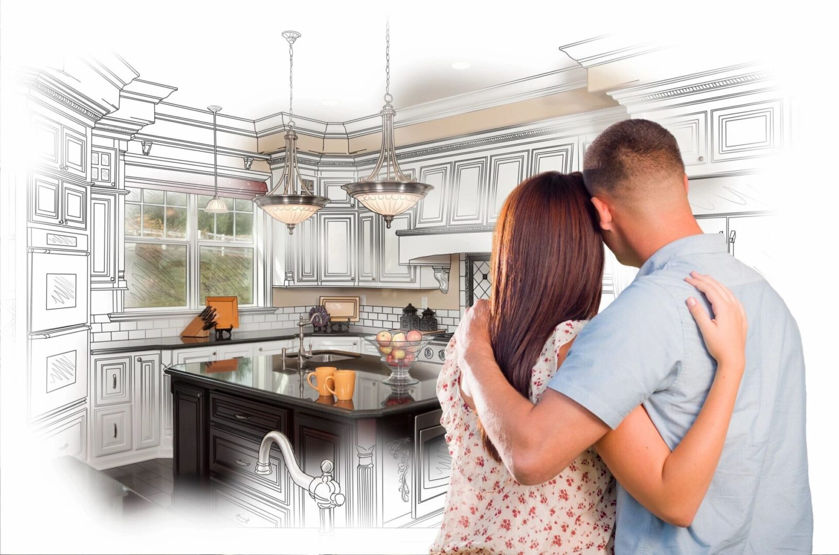 A couple is hugging in the kitchen with an unfinished drawing of it.